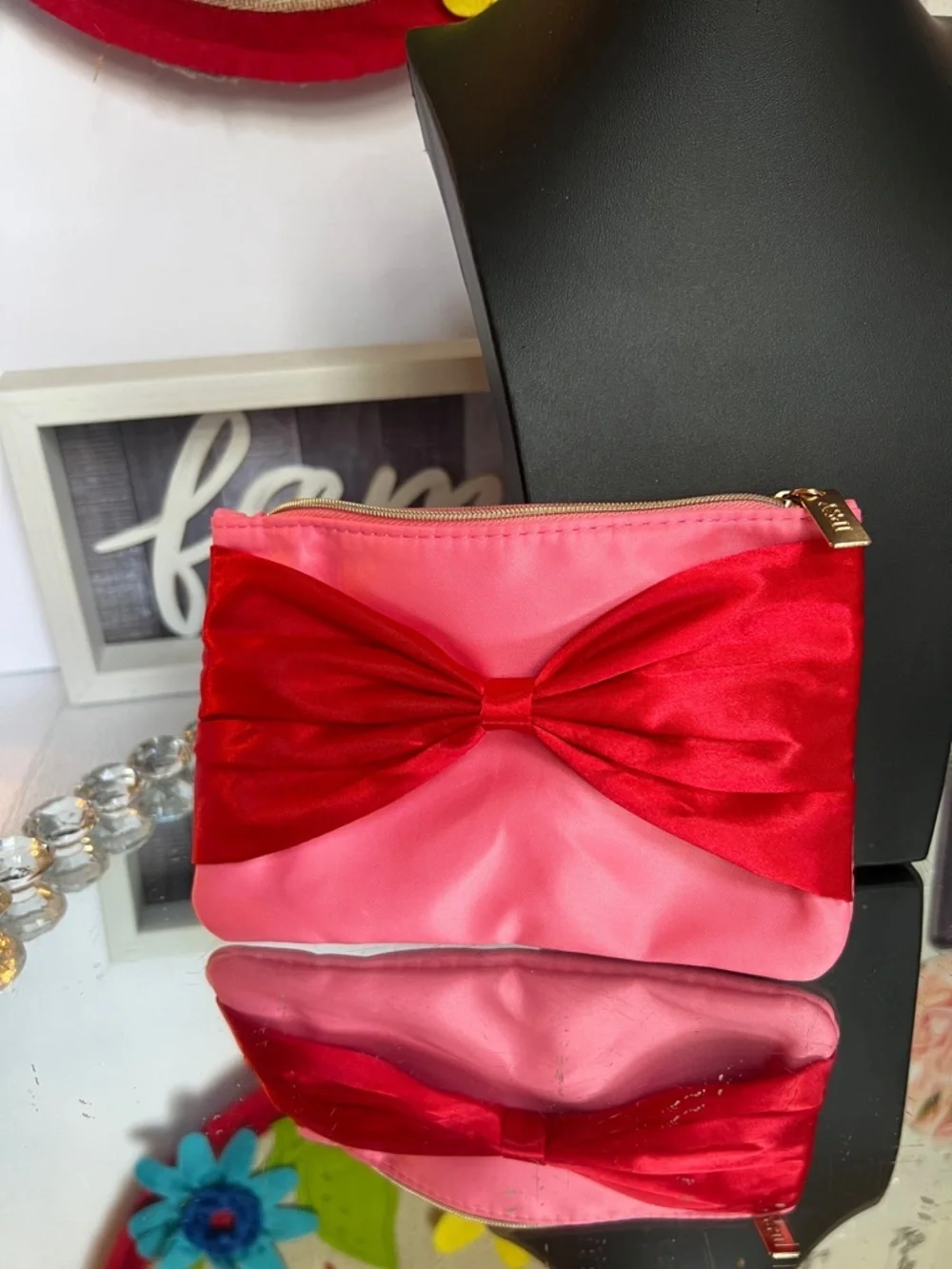 ipsy Pink Cosmetic Pouch with Red Satin Bow